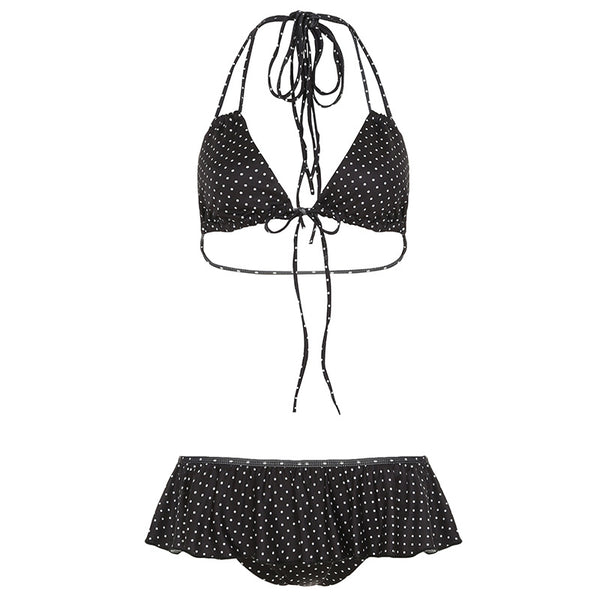 White polka dot halter bikini with black trim and ruffled bottoms. The top features a small black bow. - Image 6