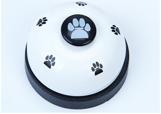 Blue and yellow pet training bell with white paw print designs and a large yellow button on top. - Image 10