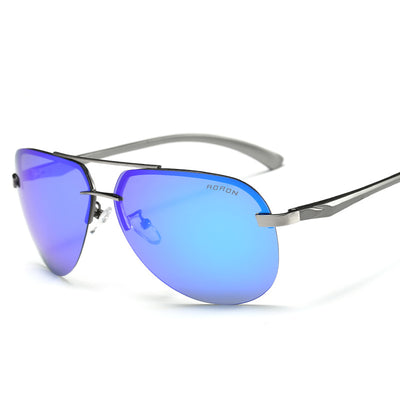Rimless aviator sunglasses with orange mirrored polarized lenses and silver-toned metal temples on a white background. - Image 4