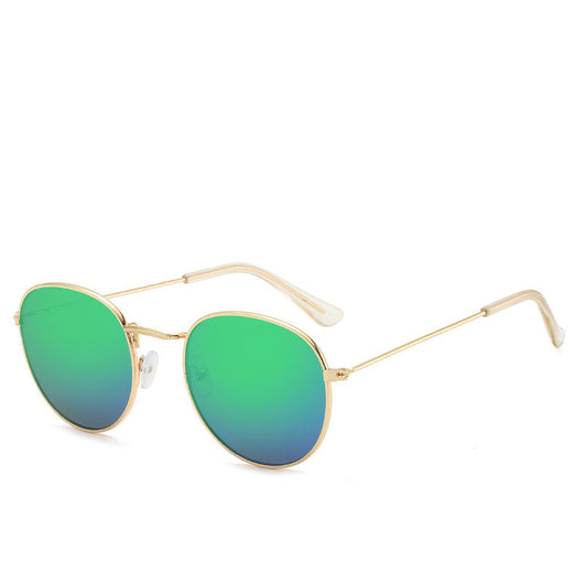 Round gold-framed sunglasses with pink tinted lenses, featuring clear temple tips. - Image 25