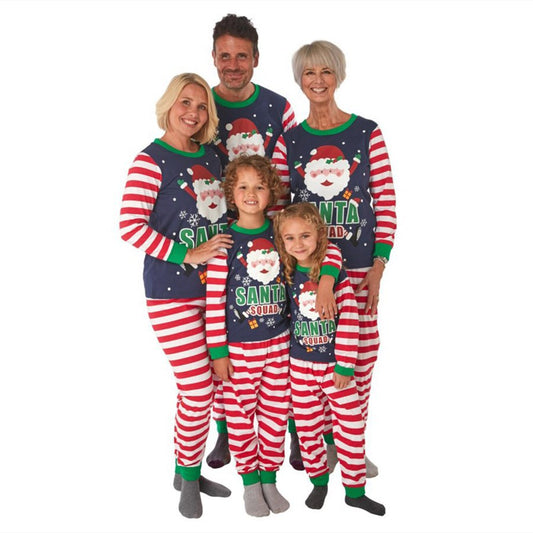 Santa Printed Parent-child Homewear, a two-piece pajama set with a Santa Claus graphic and red and white stripes.