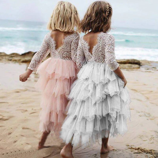 Vestido Princesa Niña Encaje Manga Larga Blanco Irregular Otoño Invierno