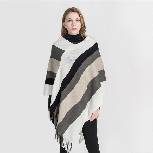 Chal de Cachemira con Flecos y Diseño Rayado