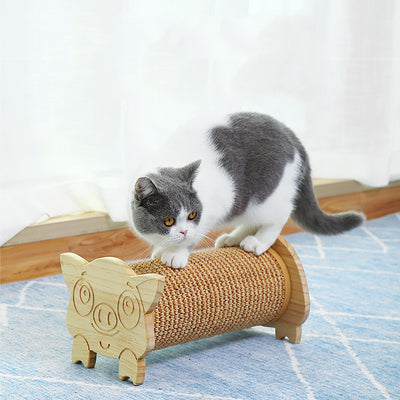 Cat scratcher with a corrugated cardboard cylinder and light wood ends, one shaped like a cat's head. - Image 5