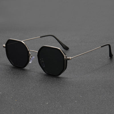 Men's personalized polygon sunglasses with black and gold frame and purple gradient UV resistant lenses. - Image 7