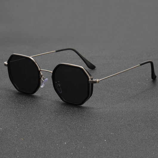 Men's personalized polygon sunglasses with black and gold frame and purple gradient UV resistant lenses. - Image 7
