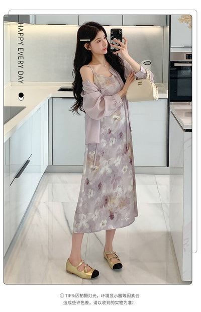 Conjunto Dos Piezas: Vestido Slip Estampado Morado con Cardigan Suave - Image 22