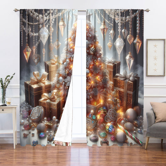 Christmas curtain with a snowy village scene, Santa Claus, flying reindeer, and piles of wrapped gifts. - Image 45