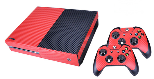 Black carbon fiber sticker set for Xbox One console and two controllers, featuring a textured pattern. - Image 3
