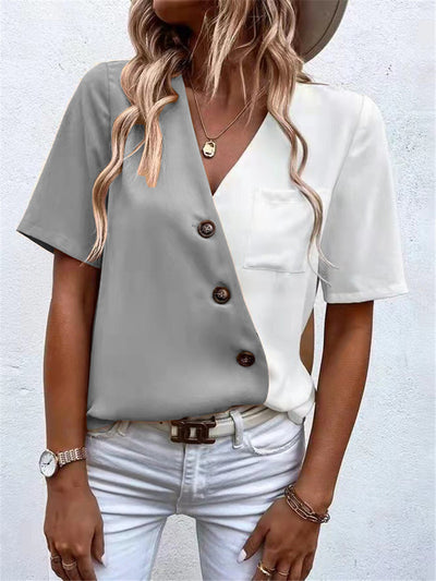 Blusa Elegante de Chifón con Contraste y Manga Corta para Mujer - Image 16
