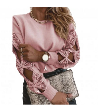 Blusa de Punto con Lentejuelas, Cuello Redondo y Mangas Caladas