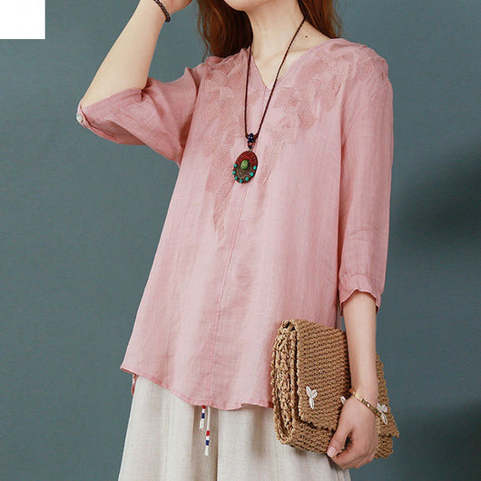 Blusa Larga Atrás Corta Adelante de Algodón y Lino con Bordado para Mujer - Image 3