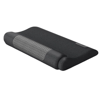 Dark gray cervical spine pillow with light gray textured massage area and power button on a light gray surface. - Image 3