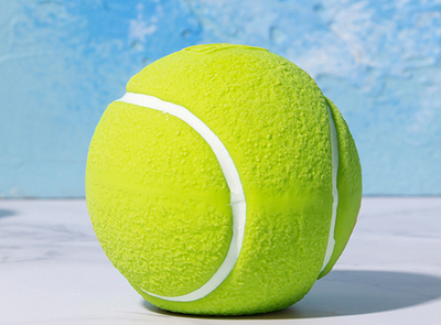 Lime green latex pet toy shaped like a tennis ball with white stripes and "EETOYSE" embossed on its surface. - Image 15