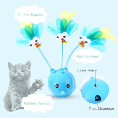 Purple electric tumbler cat toy with a blue bird-like top, pink feathers, googly eyes, and small bells. - Image 6