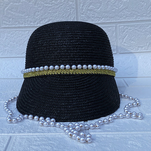 Sombrero de Paja Negro con Cadena de Perlas Artesanal - Image 4