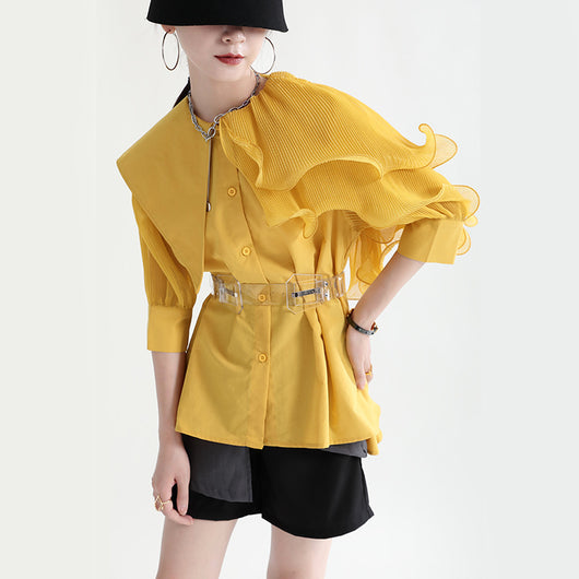 Camisa Suelta con Volantes e Hilvanado Irregular