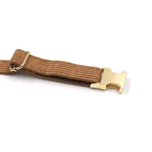 Brown corduroy pet harness with gold-colored metal quick-release buckle and D-rings, shown on a white background. - Image 11