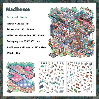 Cartoon 'Madhouse' themed PET sticker set with a multi-level hospital scene and individual character/object stickers. - Image 6