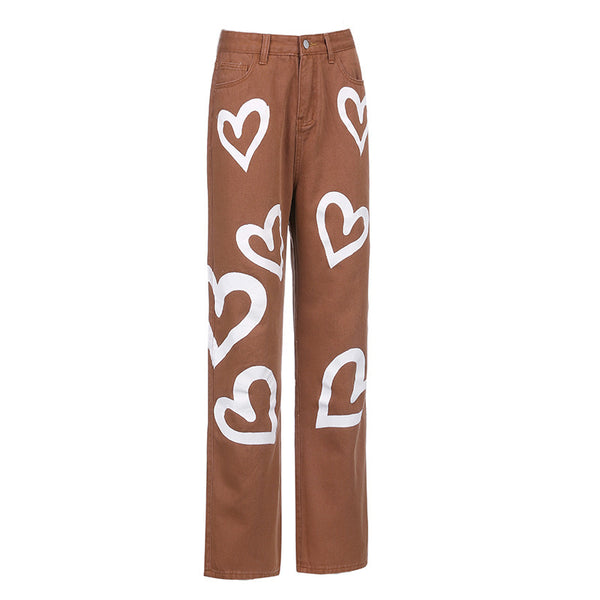 Jeans Rectos Anchos para Mujer con Estampado Love