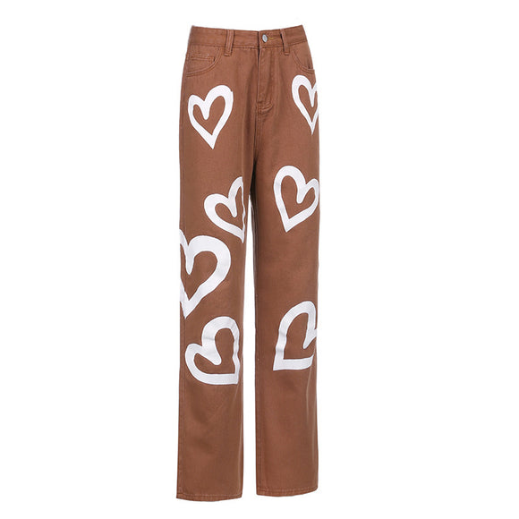 Jeans Rectos Anchos para Mujer con Estampado Love