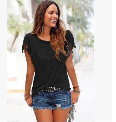 Camiseta de Algodón Talla Grande con Cuello Redondo y Detalles de Borlas - Image 9