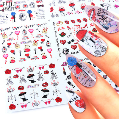 Set de Stickers de Uñas Adhesivas Diseño Osito Amor, Labios Rojos y Marca de Agua - Image 2