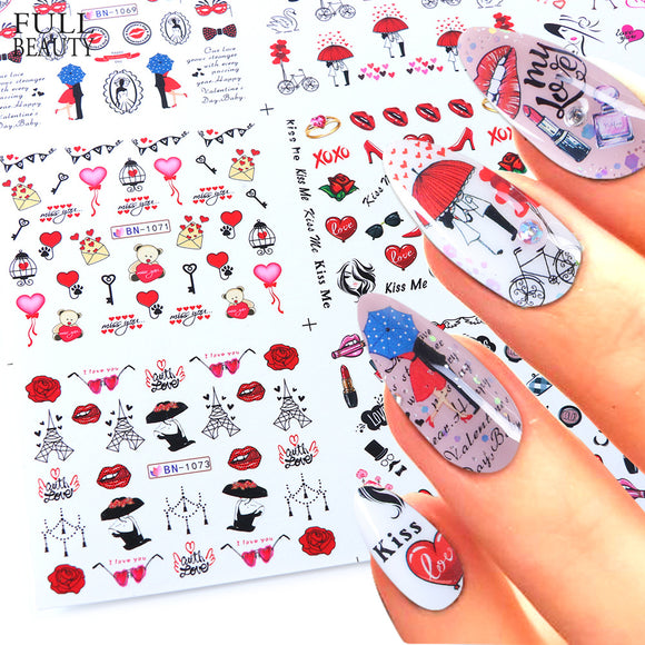 Set de Stickers de Uñas Adhesivas Diseño Osito Amor, Labios Rojos y Marca de Agua