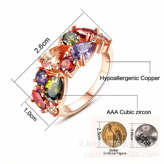 Shiny rose gold-tone necklace, earrings, and ring set with multi-colored teardrop and round zircon stones. Ring size 9. - Image 5