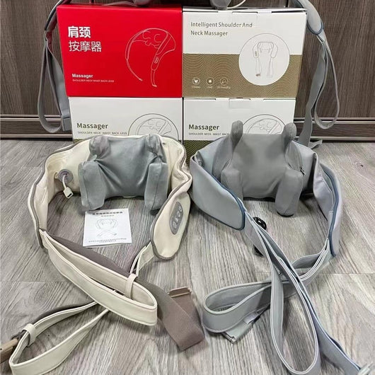 Light gray shoulder and neck massager with blue trim, featuring control buttons and adjustable straps. - Image 24