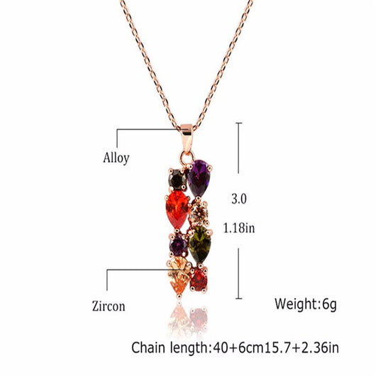 Shiny rose gold-tone necklace, earrings, and ring set with multi-colored teardrop and round zircon stones. Ring size 9. - Image 2