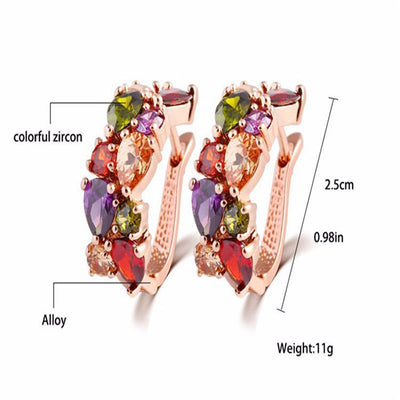 Shiny rose gold-tone necklace, earrings, and ring set with multi-colored teardrop and round zircon stones. Ring size 9. - Image 3