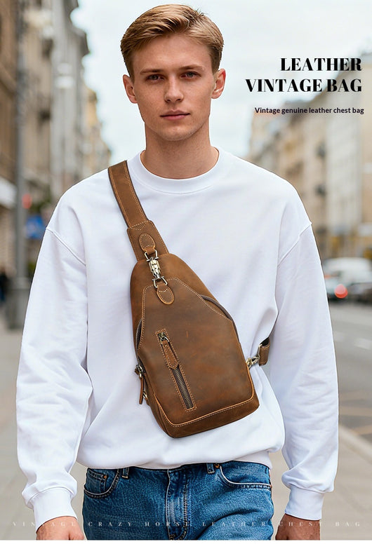 Bolsa de Pecho Ma Pi Cuero Genuino Vintage - Mochila Cruzada Estilo Commuter con Cierre de Candado - Image 11