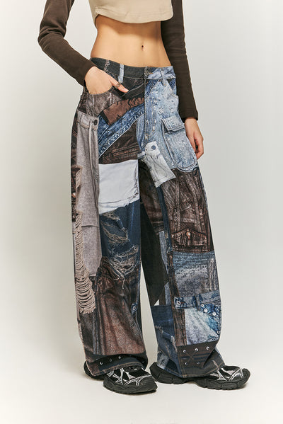Jeans Vintage con Estampado Digital y Parches Estilo Urbano Americano - Image 7
