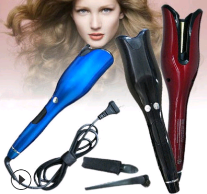 Black automatic curling iron with a digital temperature display and control buttons, featuring a curved barrel and swivel cord. - Image 6