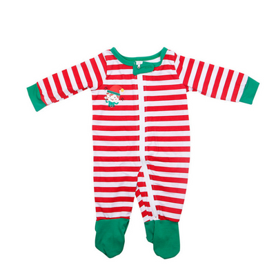 Kids' green long-sleeve Christmas pajama top with an elf graphic and matching red and white striped pants. - Image 8