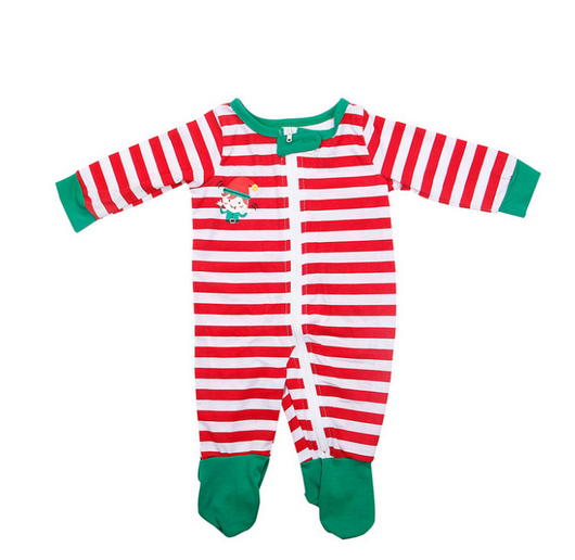 Kids' green long-sleeve Christmas pajama top with an elf graphic and matching red and white striped pants. - Image 8