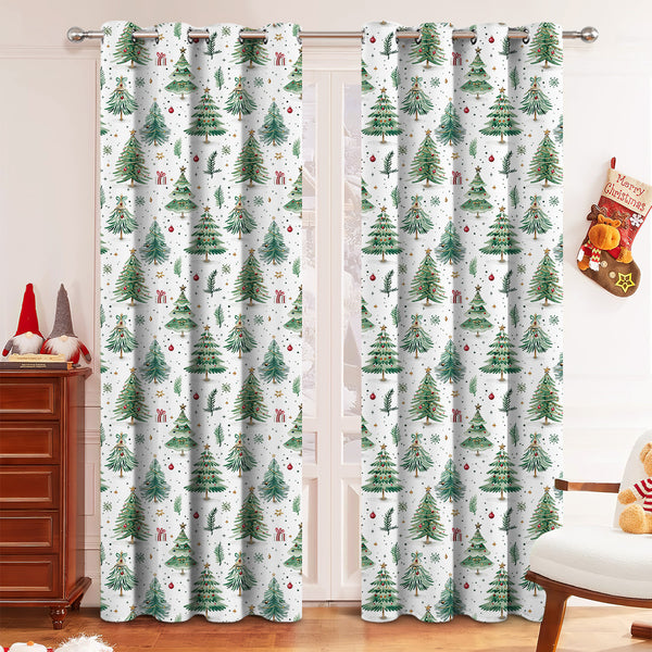 White Christmas curtains with green trees, red ornaments, and gold stars, hung on a silver rod.