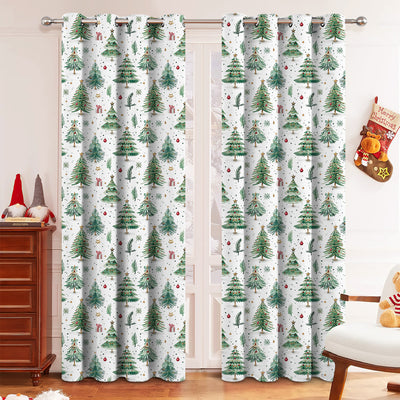 White Christmas curtains with green trees, red ornaments, and gold stars, hung on a silver rod.
