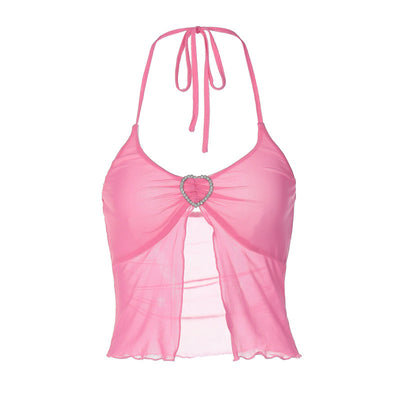 Top Halter Mesh Rosa Sexy con Detalles de Costura en el Pecho - Image 5