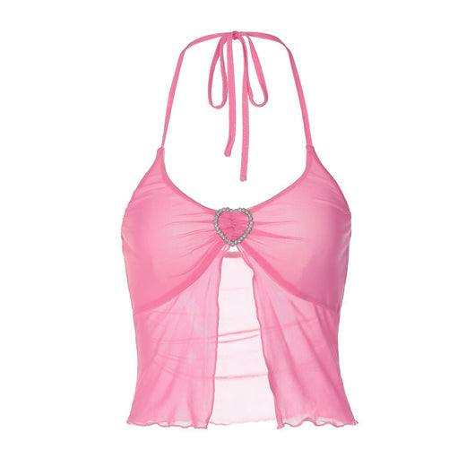 Top Halter Mesh Rosa Sexy con Detalles de Costura en el Pecho - Image 5