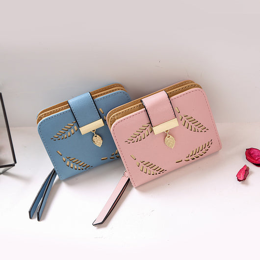 Billetera Corta Coreana para Mujer con Diseño de Hoja y Cierre de Cremallera - Image 4