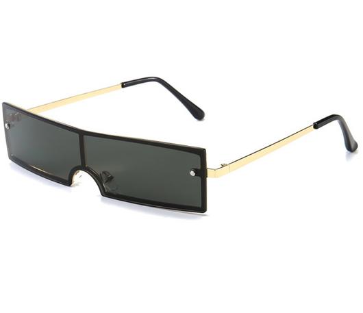 Red rectangular rimless sunglasses with gold-colored metal temples and black ear tips on a white background. - Image 7