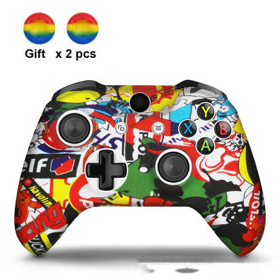 White silicone sleeve for game controller with colorful graffiti pattern, includes two rainbow thumbstick caps. - Image 18