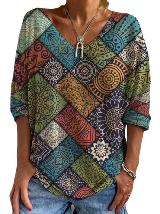 Blusa Suelta con Estampado Geométrico y Cuello en V - Image 3