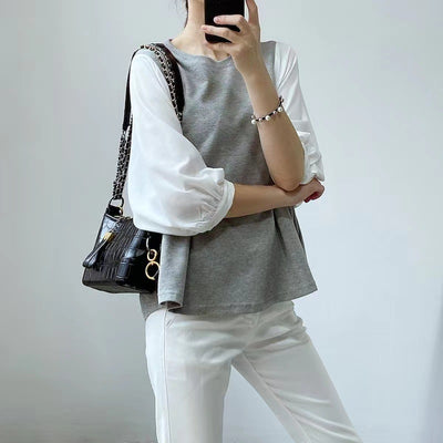 Blusa Suelta de Cuello Redondo con Bloques de Color - Estilo Japonés y Coreano - Image 13