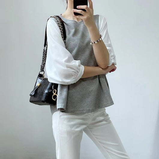 Blusa Suelta de Cuello Redondo con Bloques de Color - Estilo Japonés y Coreano - Image 13