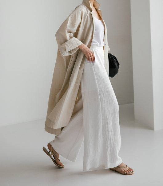 Abrigo Tipo Trench Shirt Dress Largo de Lino y Algodón con Abertura - Image 3