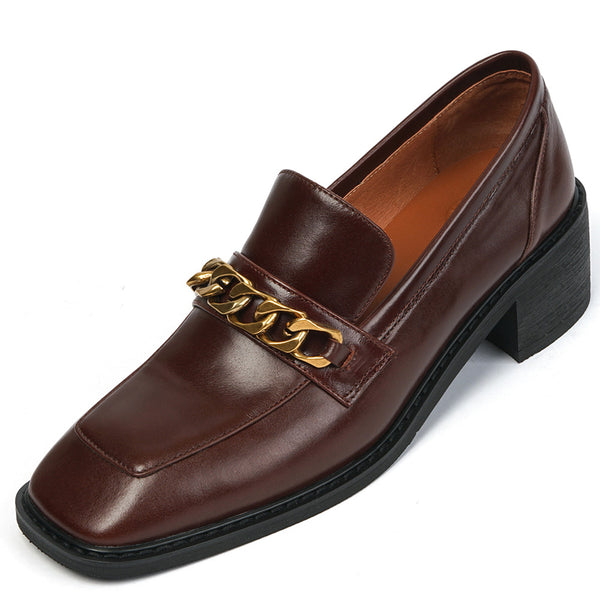 Zapatos Marrones con Tacón Robusto y Punta Cuadrada con Cadena