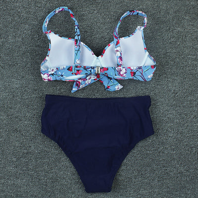 Olive green floral print bikini top with tie-front and solid high-waisted ruched bottoms on a grey background. - Image 21